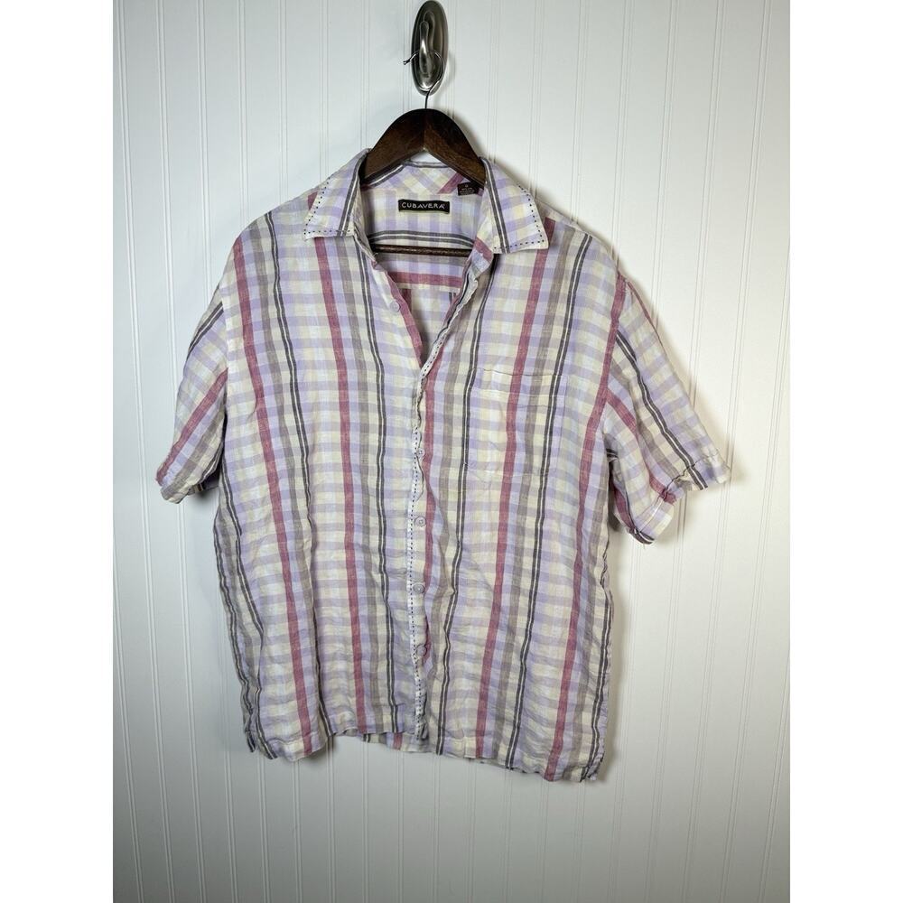 Cubavera Men’s Large Shirt 100% Linen Pastel Plaid Short Sleeve Button Front